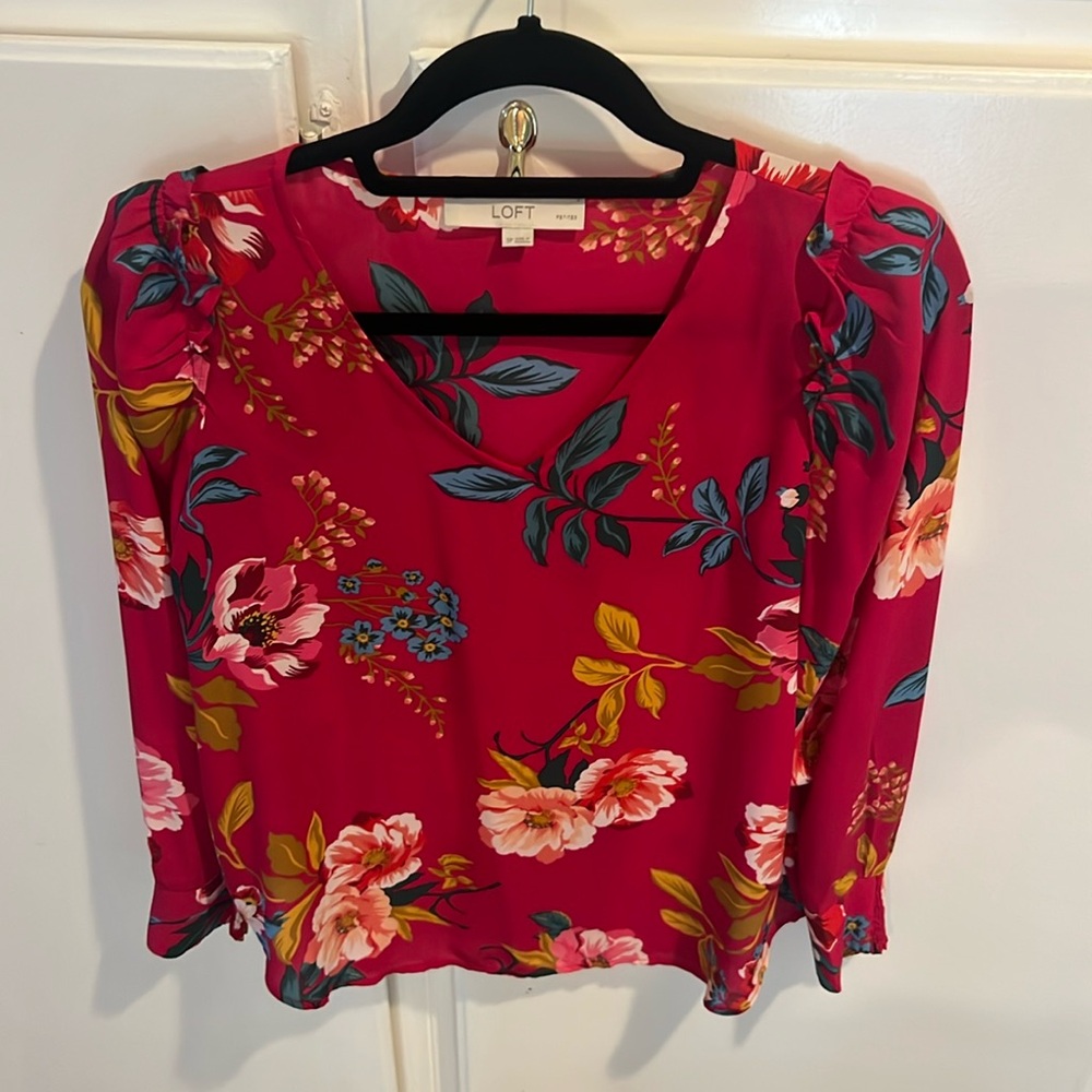 Loft Blouse Women SP Red Floral Ruffle Long Sleeve Top $60